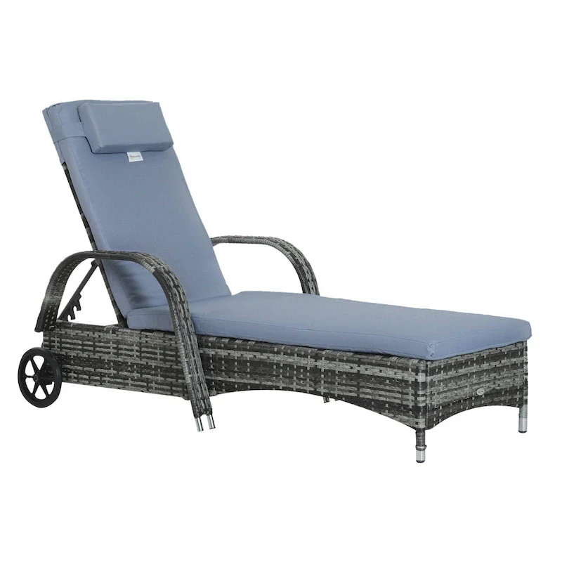 Outsunny Wicker Outdoor Chaise Lounge, 5-Level Adjustable Backrest Pe Rattan Pool Lounge Chair With Wheels, Cushion & Headrest