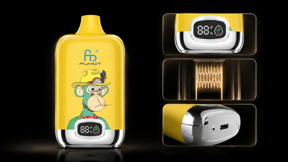 Fumot Digital Box 12000 Banana Ice Vape Funktionsdetails mit Display, Mesh Coil und Ladeanschluss
