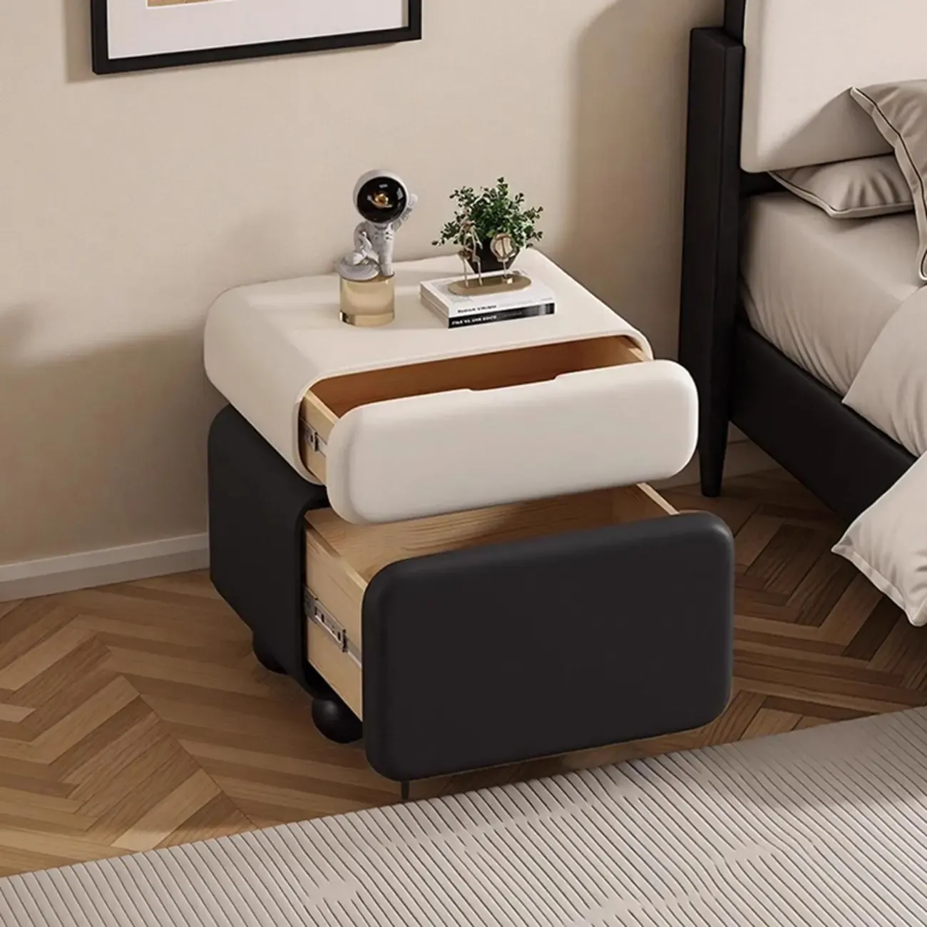Sleek Black & White Two Drawers Bedside Nightstand