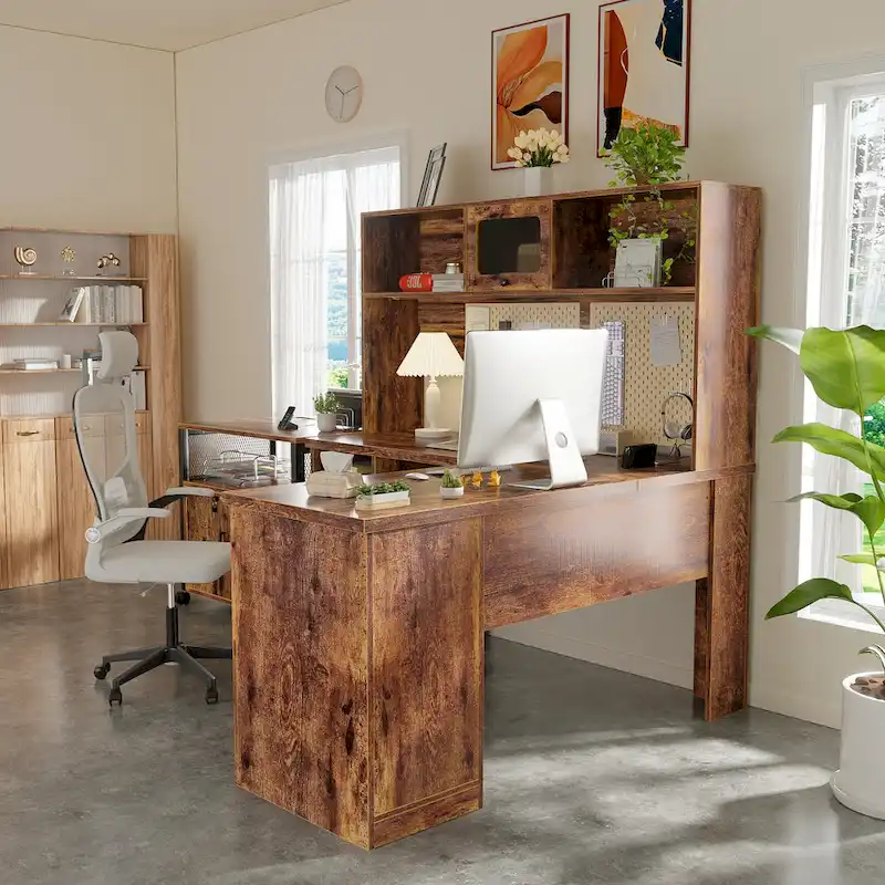 L-shaped Executive Desk Office Computer Table with Top Hutch and Charge Station