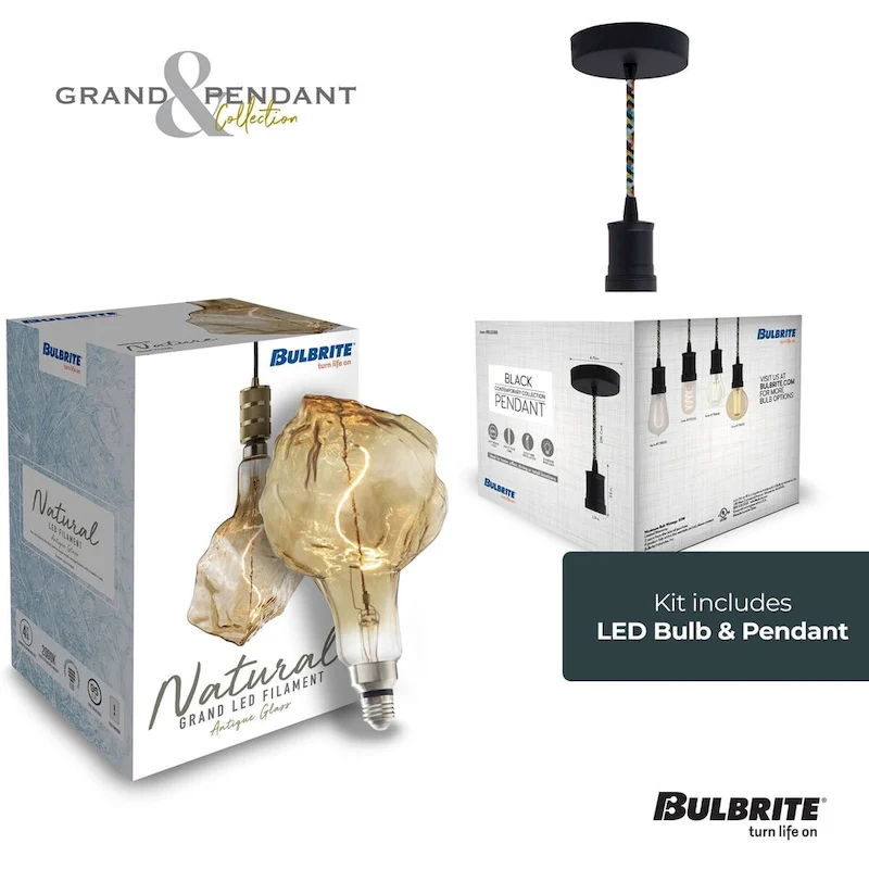Bulbrite LED Grand Bulb and Pendant Kit of (1) 4 Watt Antique Glass 13  Glacier Shaped Bulb