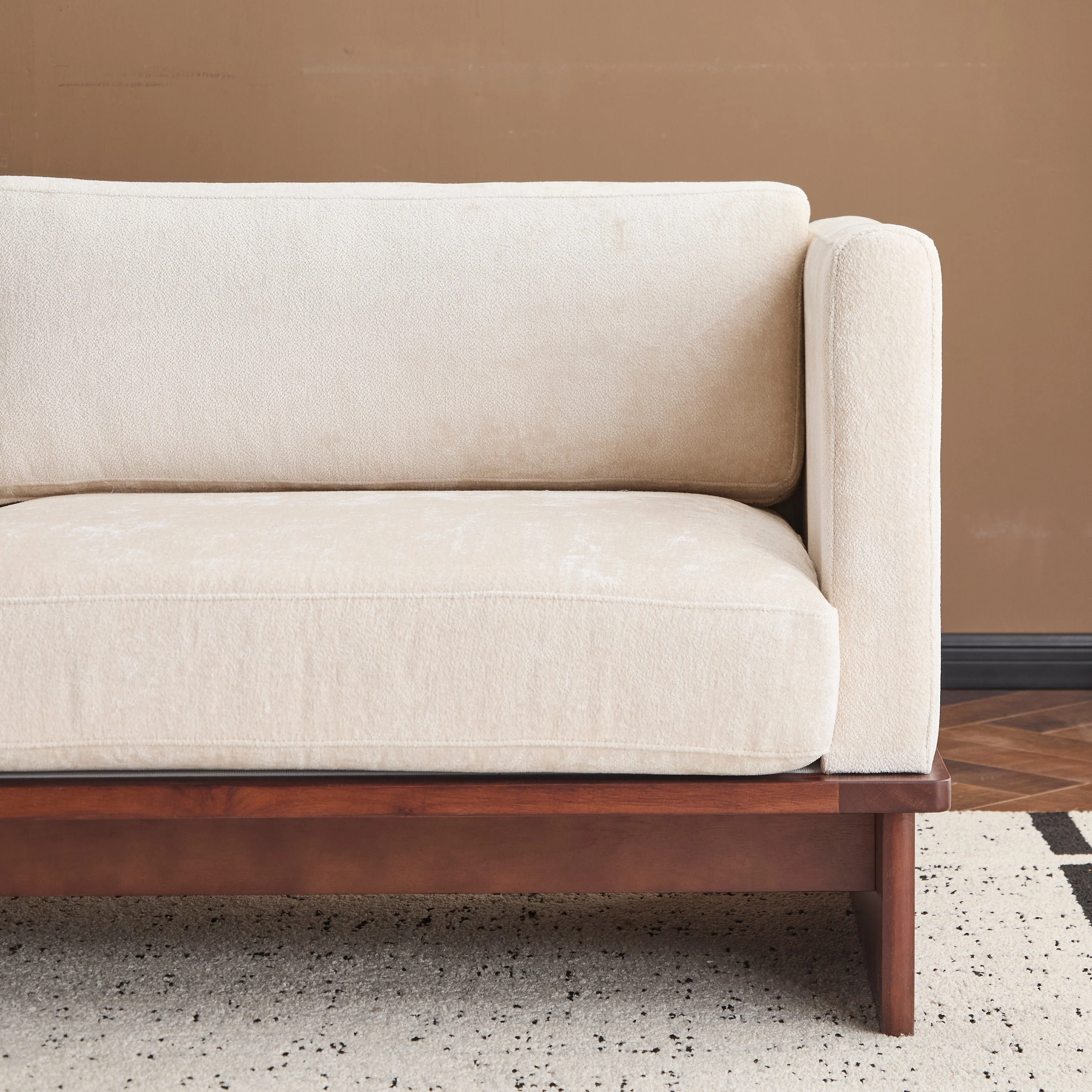 Mid Century Boucle Sofa with Solid Wood Base