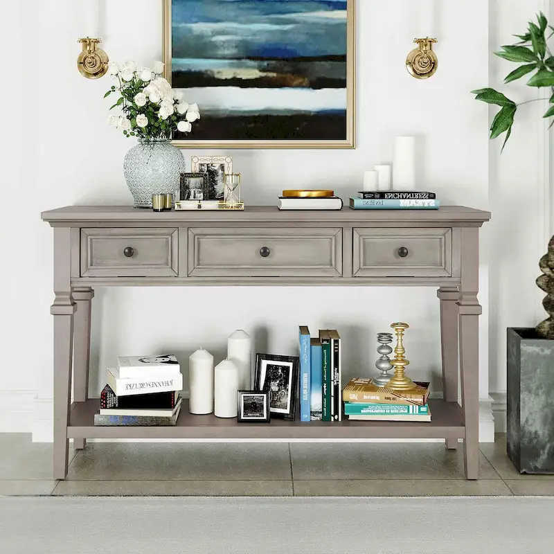 50L Classic Retro Style Console Table with Three Top Drawers and Open Style Bottom Shelf (Gray Wash)