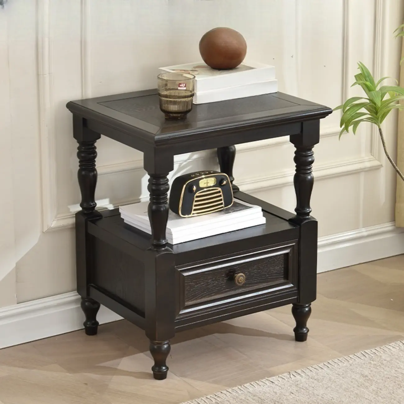 Elegant White Wood Open Storage Nightstand with Drawer