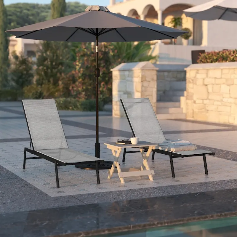 Set of 2 All-Weather Textilene Adjustable Chaise Lounge Chairs with Arms