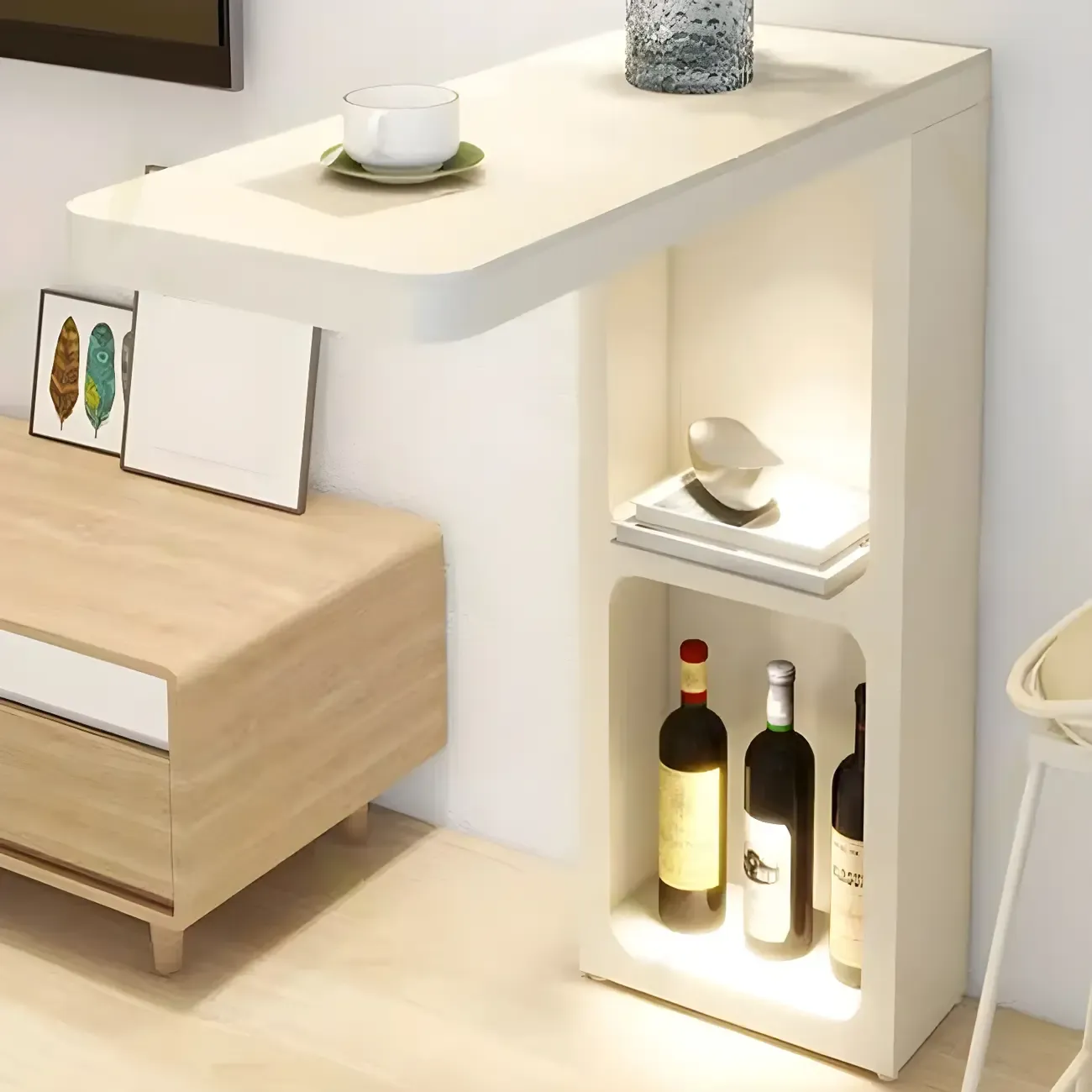 Decorative White Bar Table with Storage Shelves for Living Room