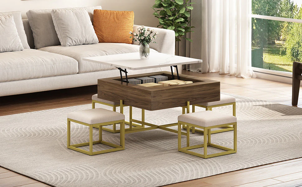 Walker Edison | Modern Square Lift-Top Coffee Table Set with 4 Ottomans