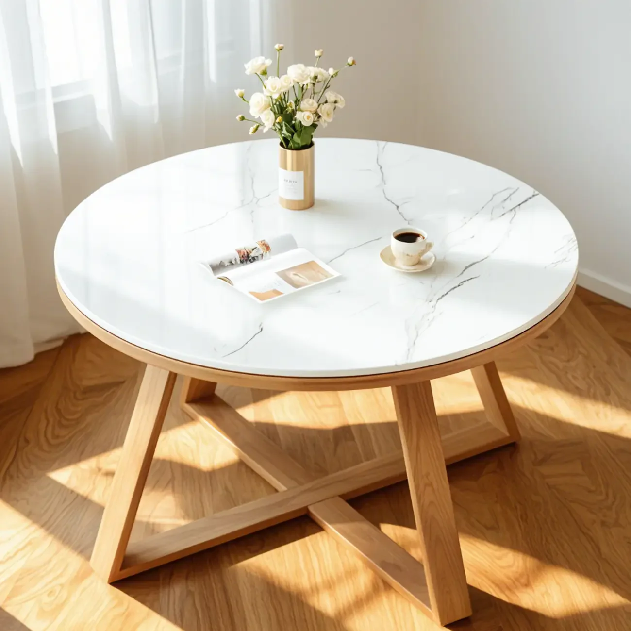 Modern Marble Round 2 Nesting Coffee Table Set with Wood Base