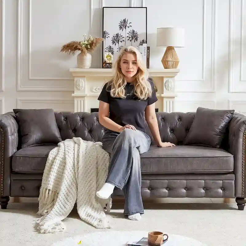 Chesterfield 85.5 Tech Fabric 3-seater Sofa with Cushions