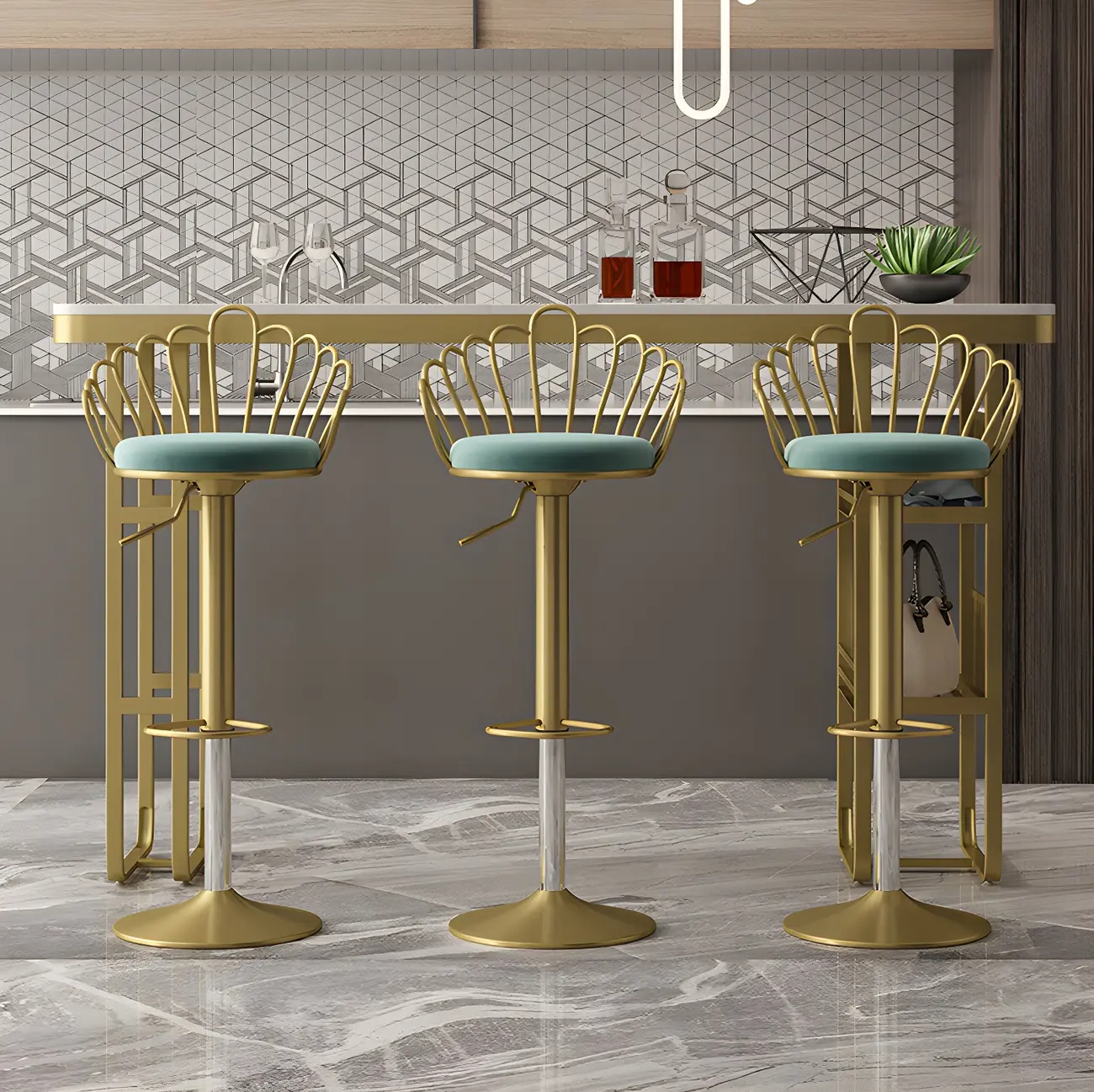 Glam Gold White Faux Marble Shelf Bar Tables