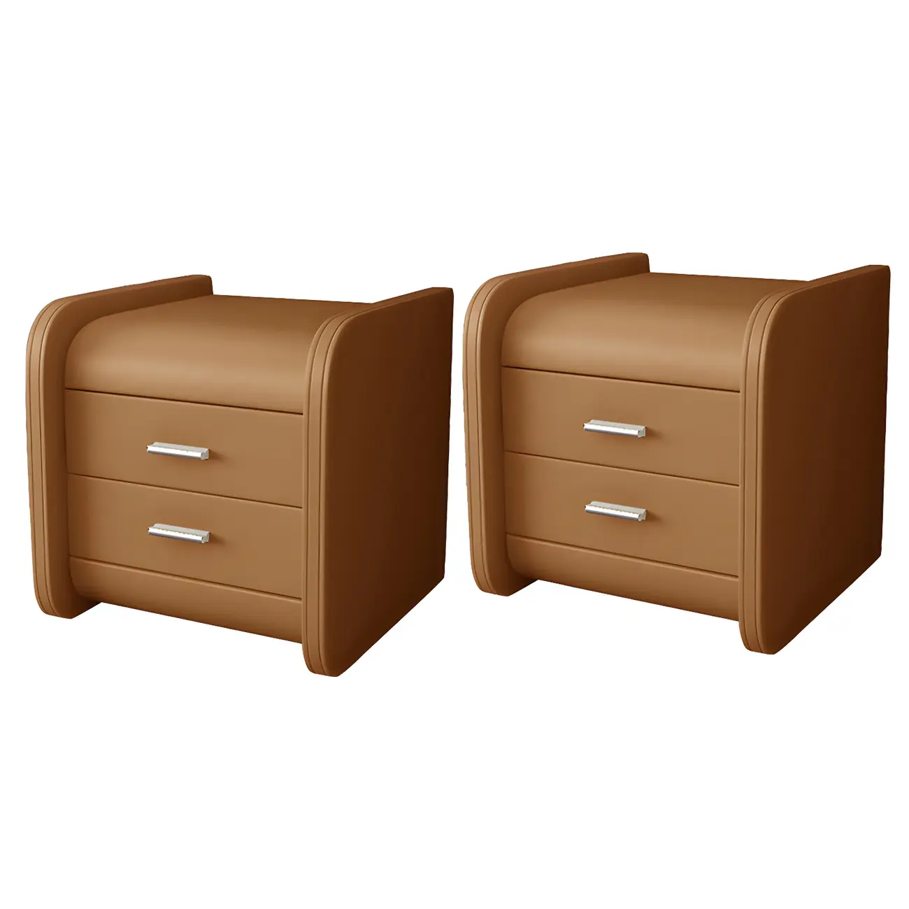 Modern Round Edge Nightstand with 2 Drawers in Beige Leather