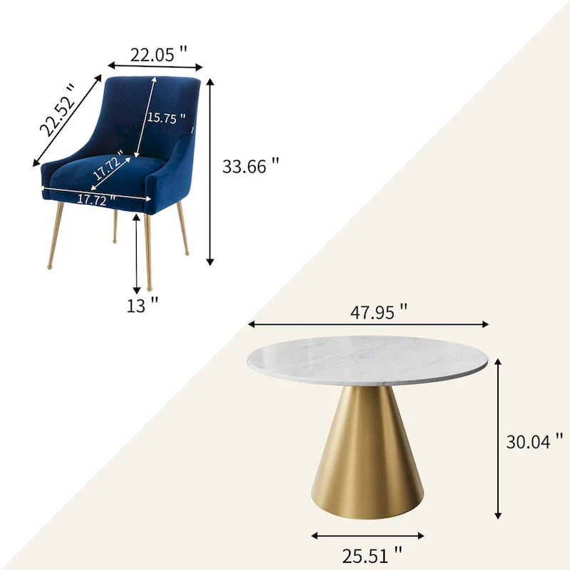 48 Marble Top Metal Dining Table with Velvet Dining Chair Set