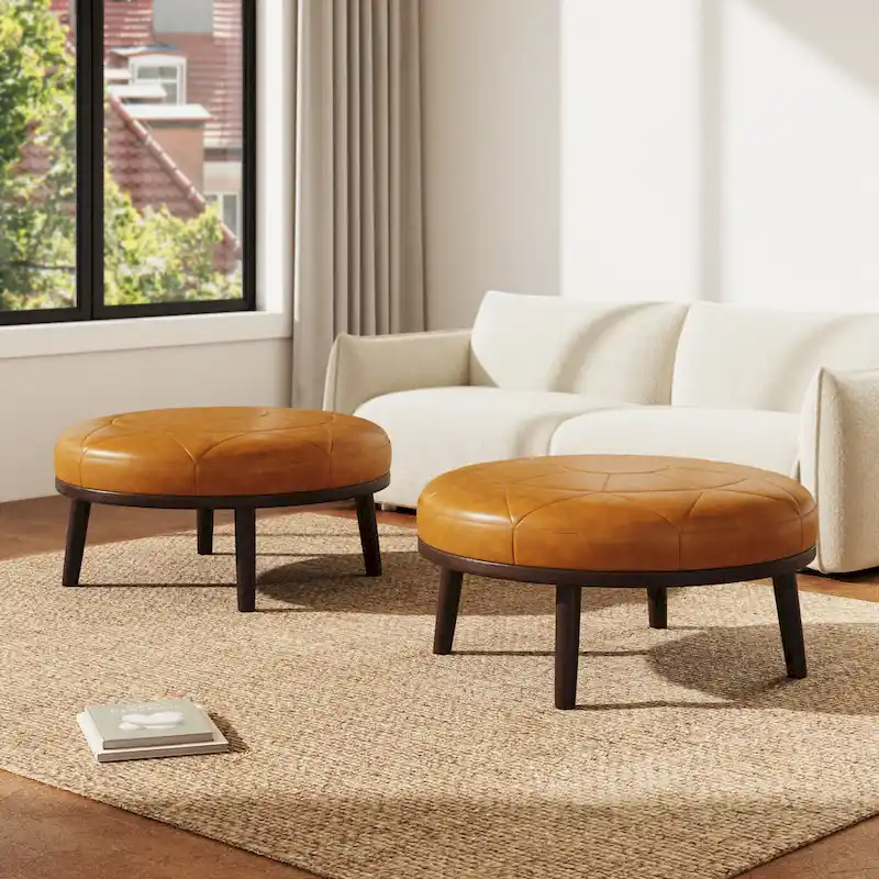 34.5 W Full-Grain Genuine Italian Leather Ottoman Set of 2