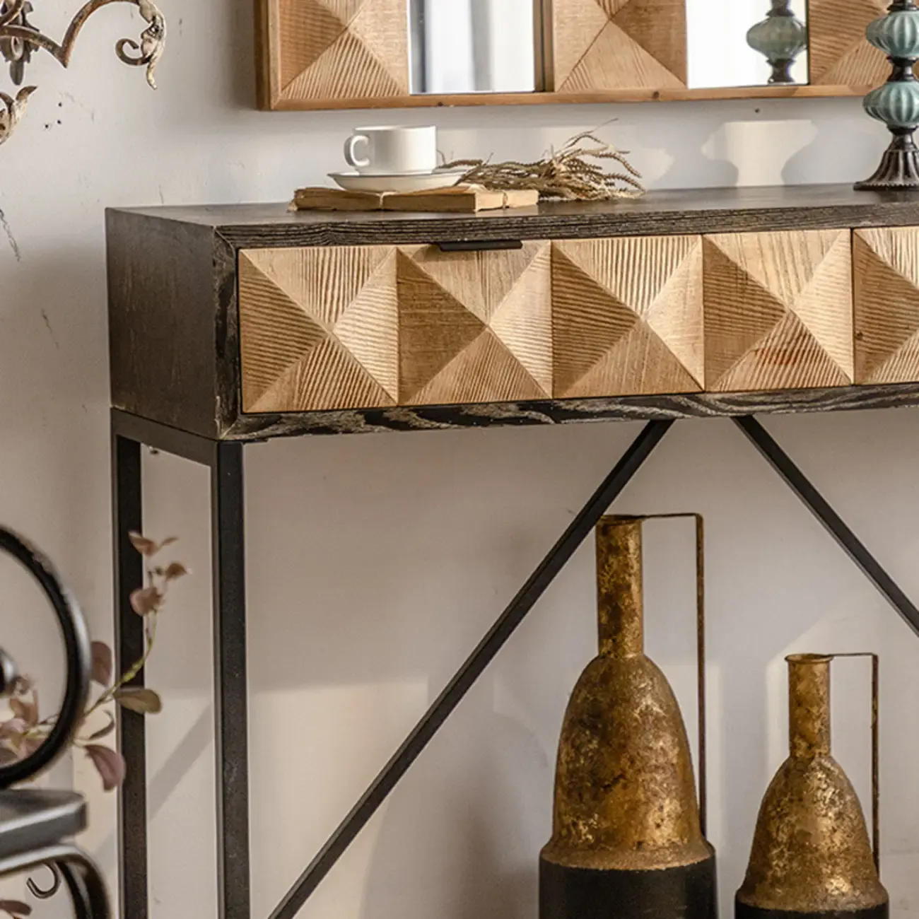 Rustic Wooden Console Table with Drawers and Trims