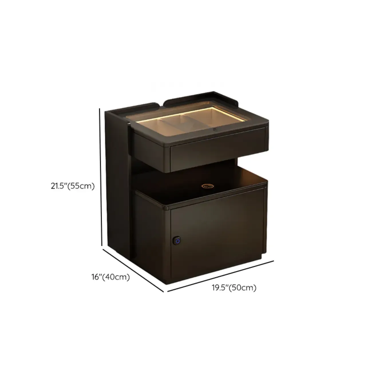 Modern Black Glass Top Drawer USB Nightstand with Cabinet