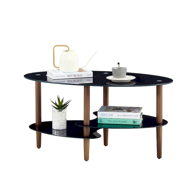 Oval glass coffee table, Transparent coffee table, modern table in living room with Oak wood legs, tea table