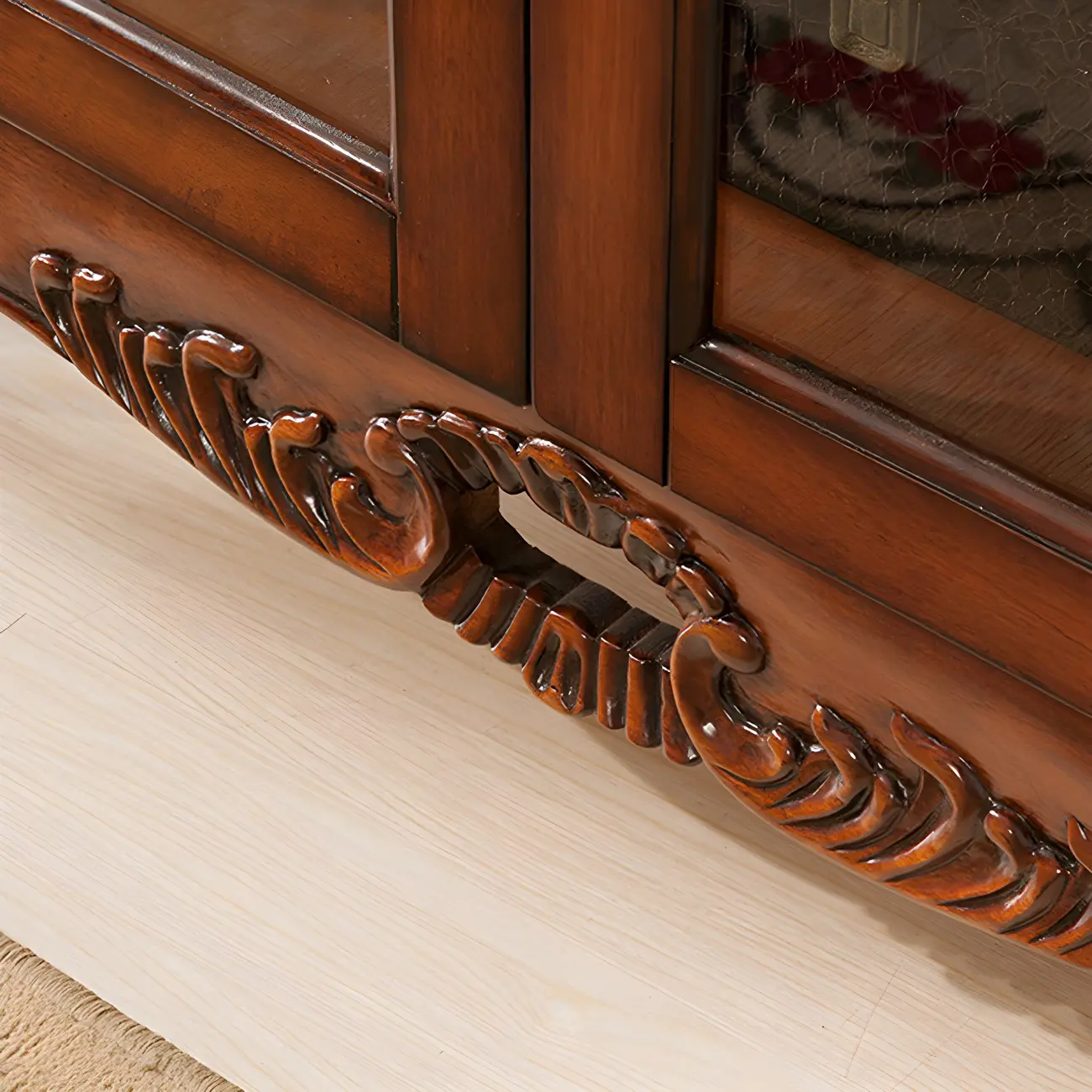 Traditional Wood Brown Glass Shelf Display Cabinet