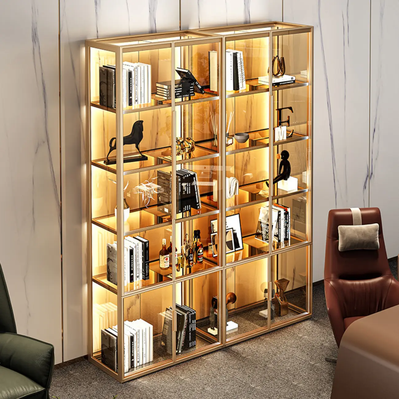 Luxury Multi-Layer Tan Glass Curio Cabinet with Light