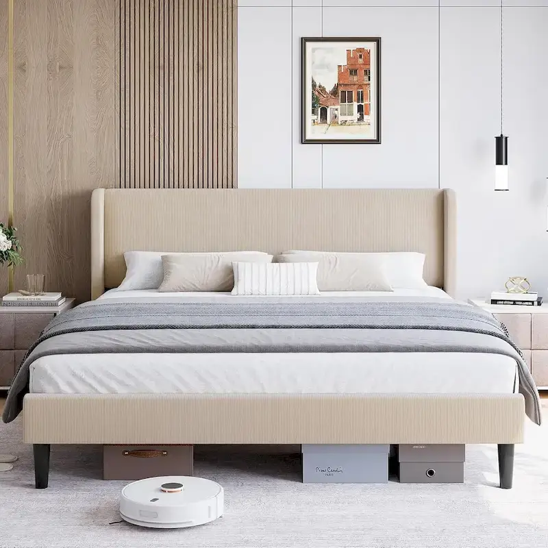 Wooden Bed Frame with Upholstered Headboard