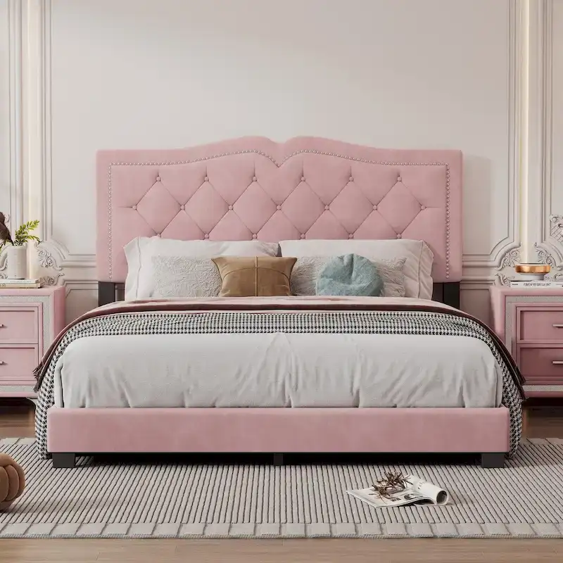 Queen Size Upholstered Bed Frame with Rivet Design