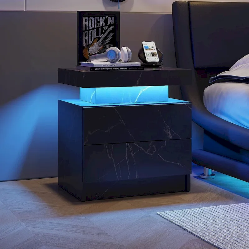 Nightstand LED Bedside Table Cabinet Lights Modern End Side with 2 Drawers for Bedroom