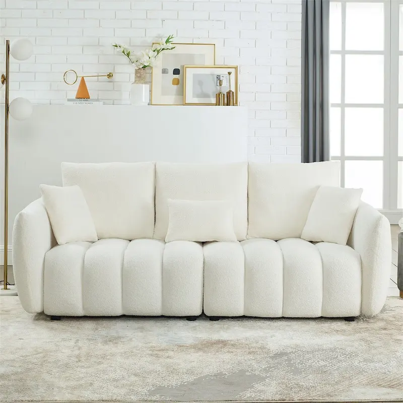 Upholstered Teddy Fabric Sofa with 3 Pillows and Solid Wood Frame
