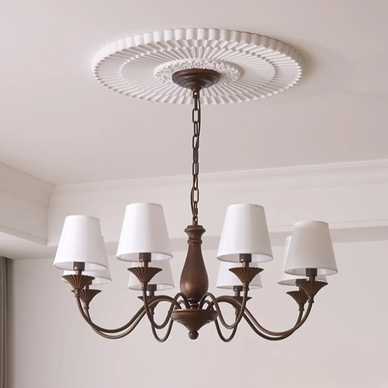 Traditional Brown Metal Fabric Barrel 8 Lights Chandelier