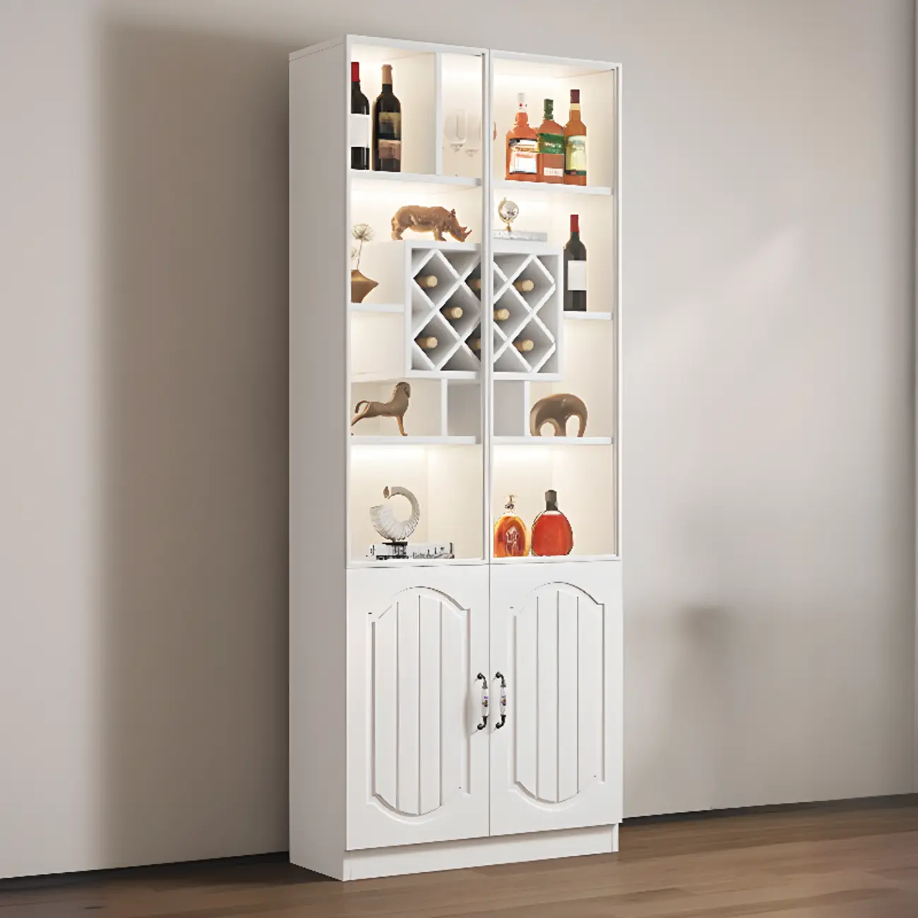 Black Wood Glass Door Display Cabinet with Wine Storage