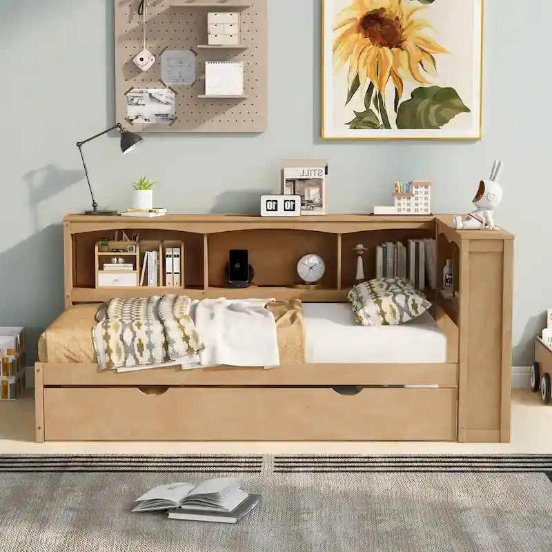 Twin Wooden Daybed with Trundle, Cabinets, and Charging Stations