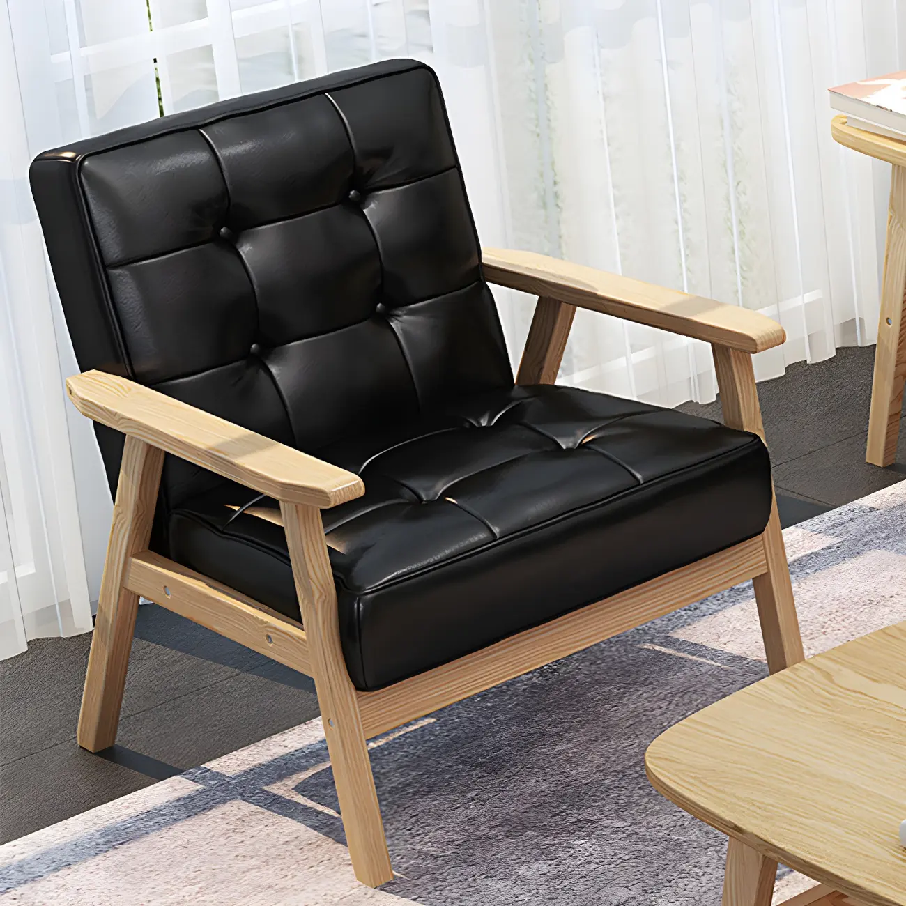 Modern Leather Tufted Accent Chair with Wood Frame