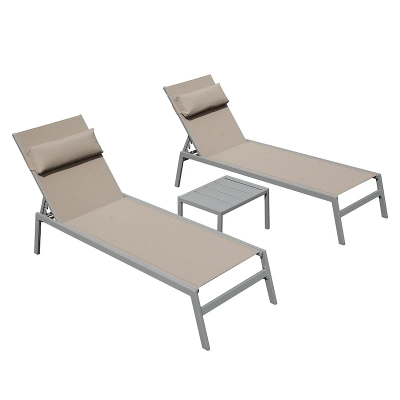 All Weather Patio Chaise Lounge Set of 3, Outdoor Adjustable Recliner with Side Table for Poolside, Beach, Yard, Balcony