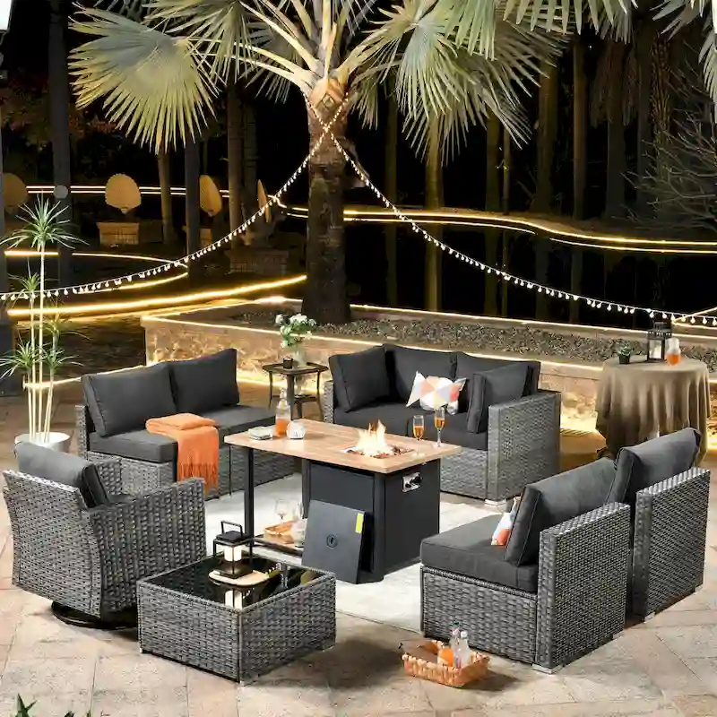 HOOOWOOO 10-piece Grey Rattan Patio Furniture Set with Fire Pit