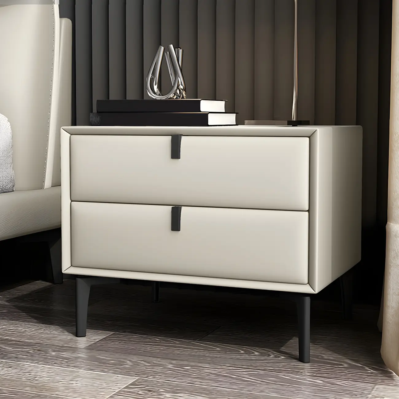 Modern Black Leather Bedside Table with Drawers