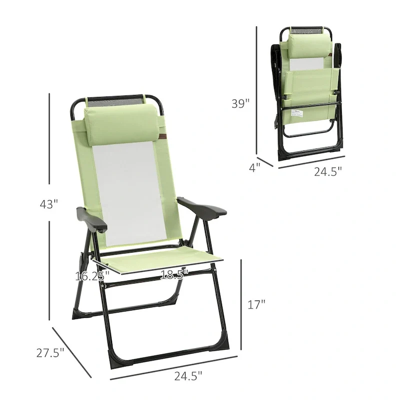Folding Patio Chairs Set of 2, Deck Chair with Adjustable Sling Back, Camping Chair with Removable Headrest