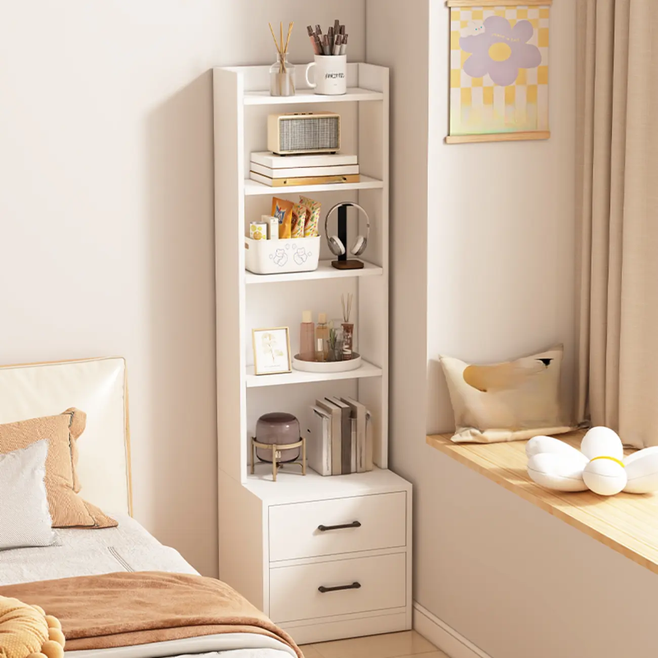Multi-functional Wooden 5-Shelf Closed Back White Bookcase