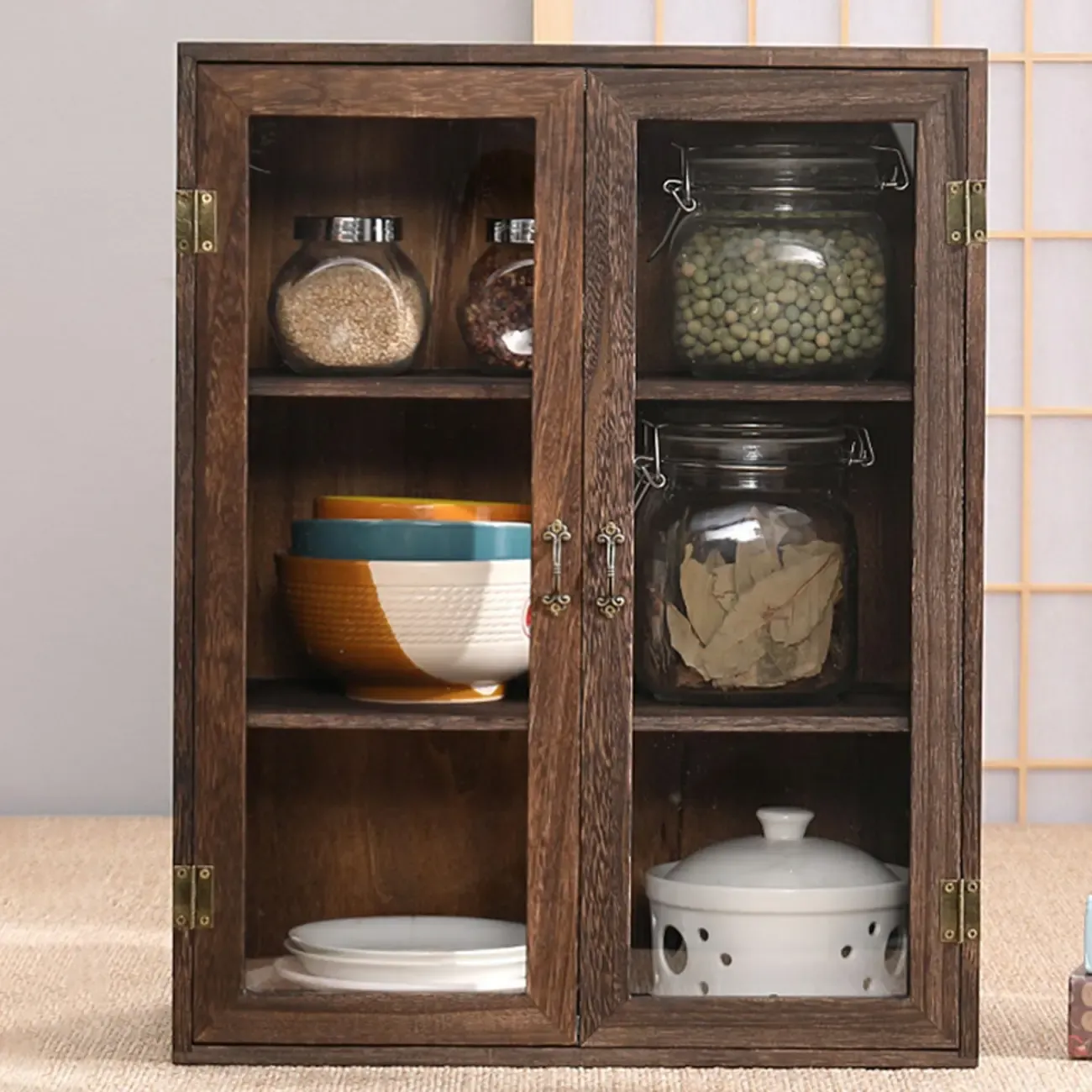 Brown Wooden Freestanding Display Cabinet for Kitchen