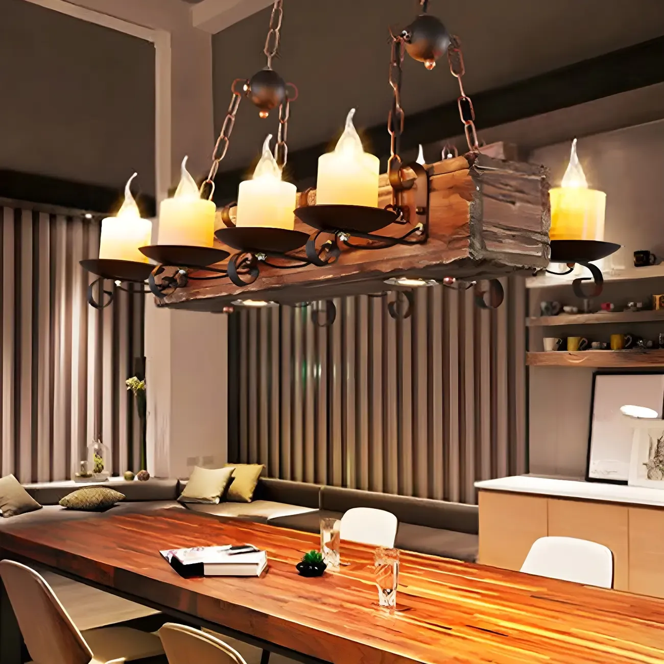 Industrial Brown Wood 8-Light Kitchen Pendant Light