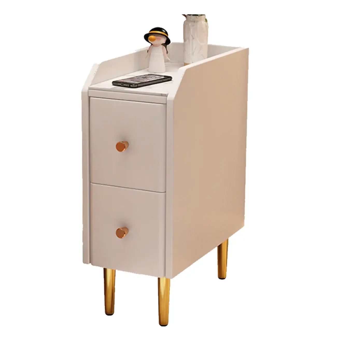 Narrow Faux Leather Drawer Nightstand with Stone Countertop