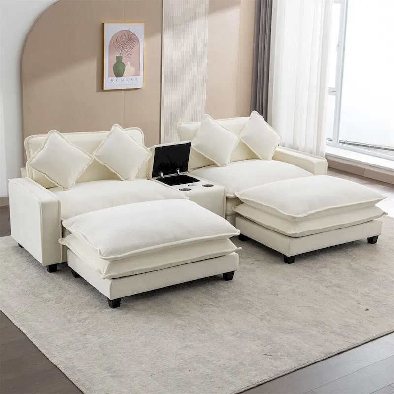 112.6 Chenille Upholstered Sectional Sofa with Two Removable Ottoman