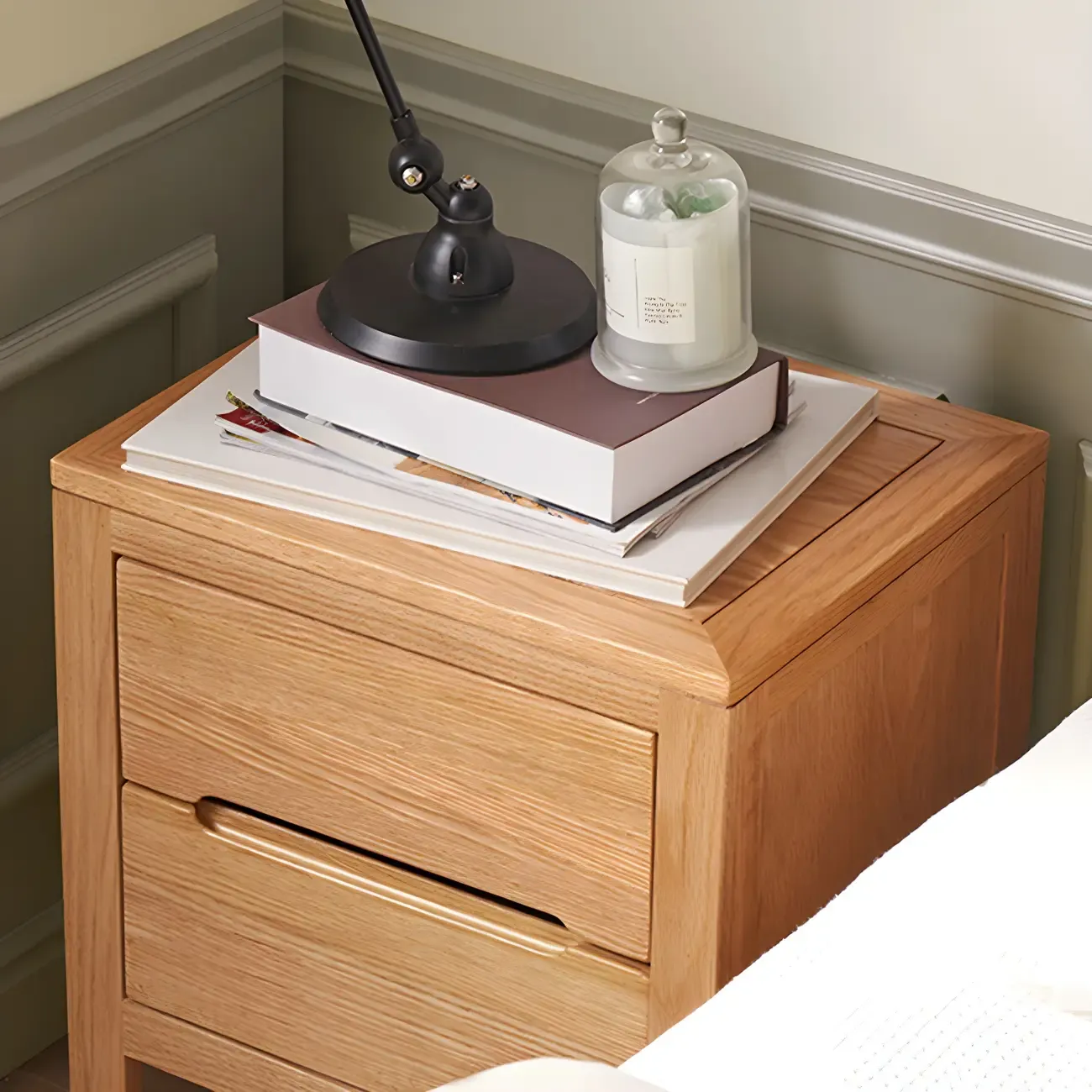 Rectangular Natural Wood 2 Drawer Bedside Nightstand