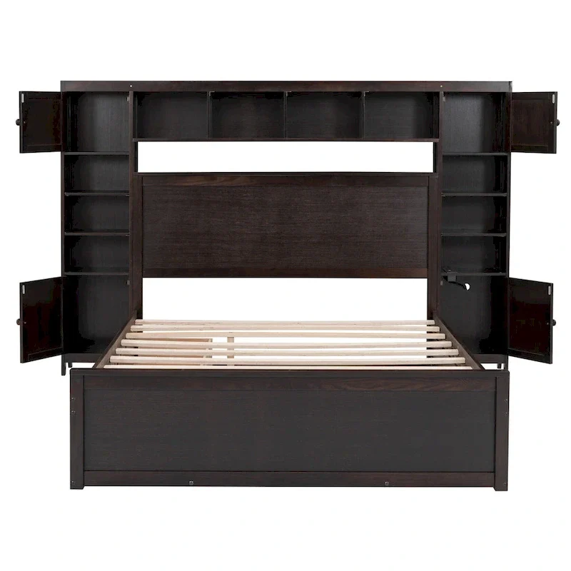 Modern Wooden Bed with Cabinet, Shelf, and Sockets
