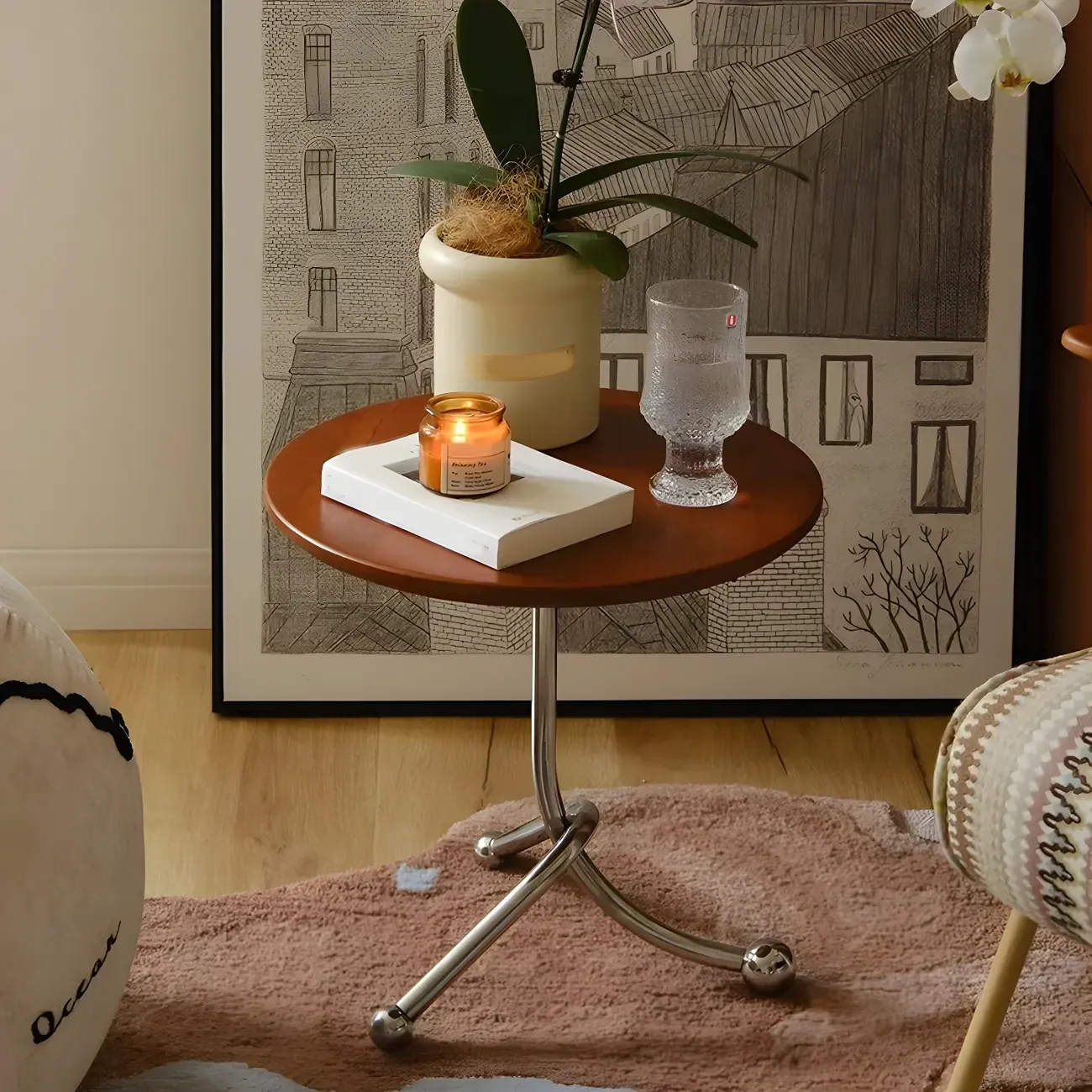 Round Wood End Table for Living Room with 3 Metal Legs