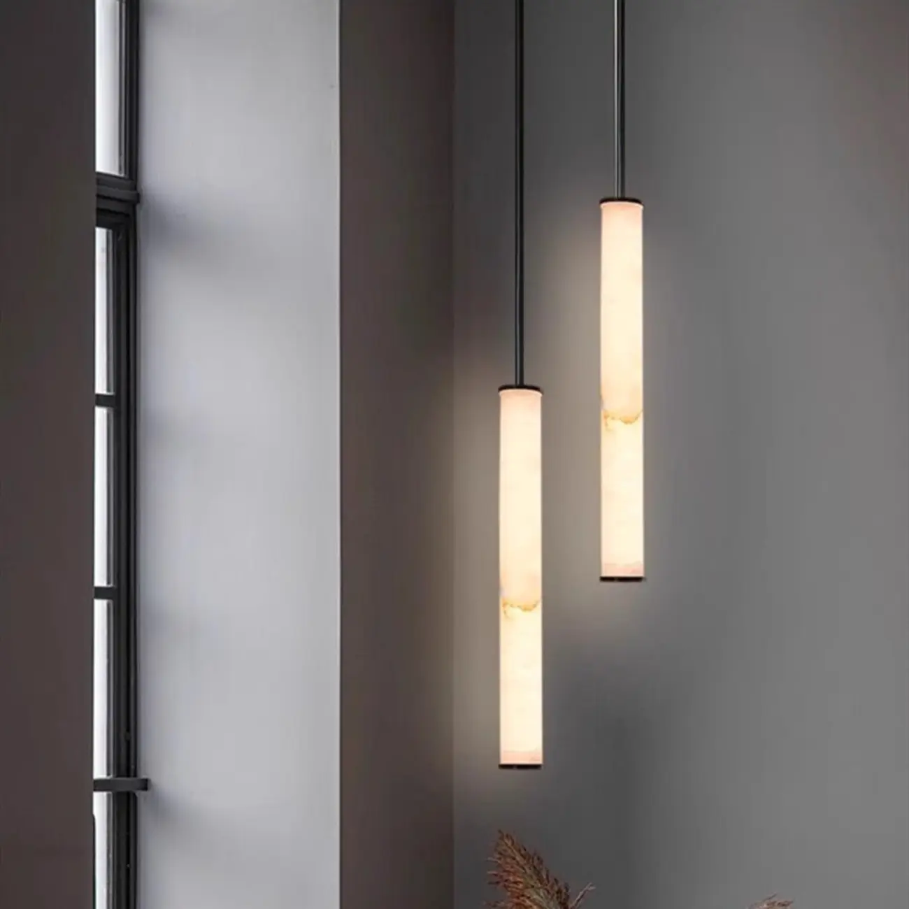 Modern Black Metal Alabaster Cylinder LED Pendant Light