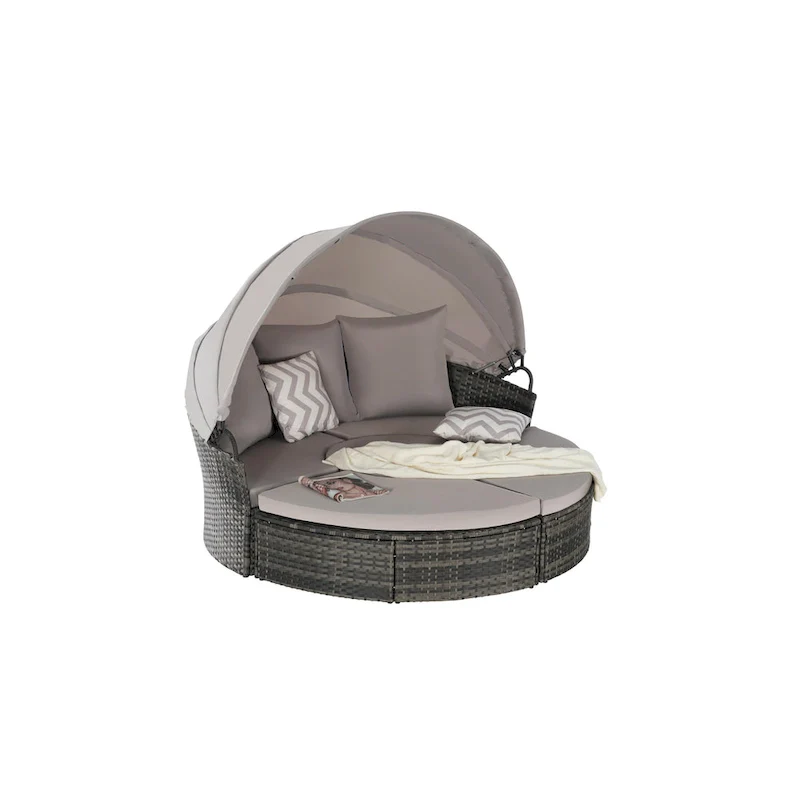 5-Piece Round Daybed Sunbed with Canopy & Removable Cushions