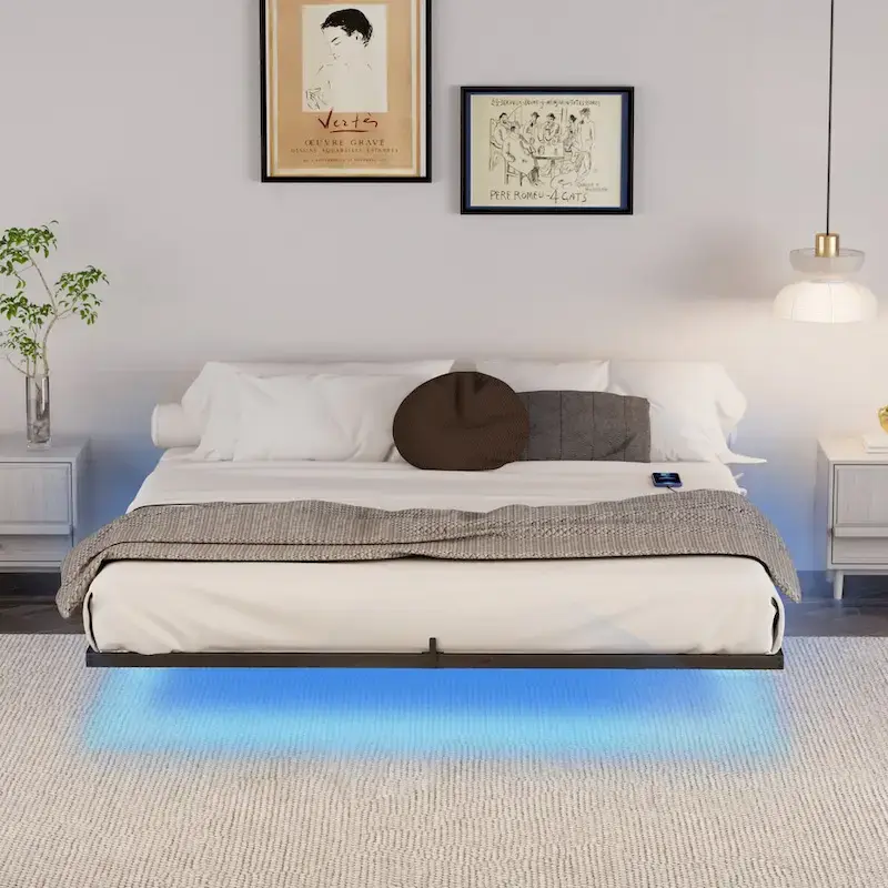 Modern Floating Bed with LED Lights, Charging Station & Metal Frame