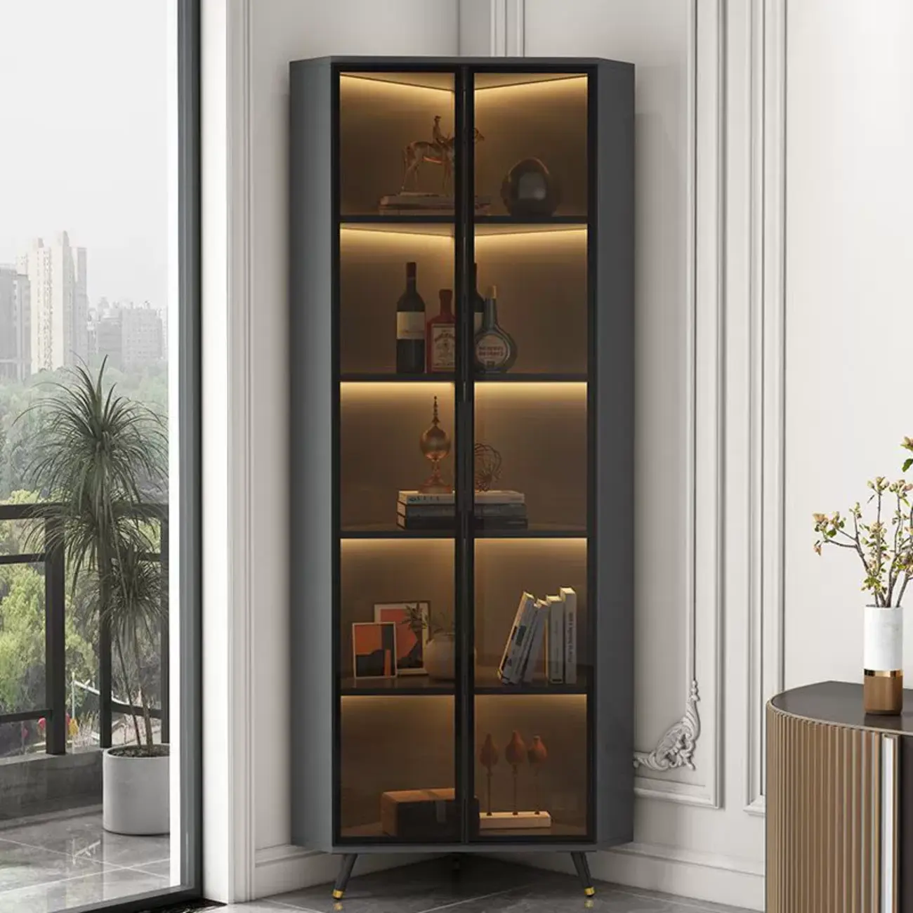 Modern Glam White-Gold Wood Glass Display Cabinet