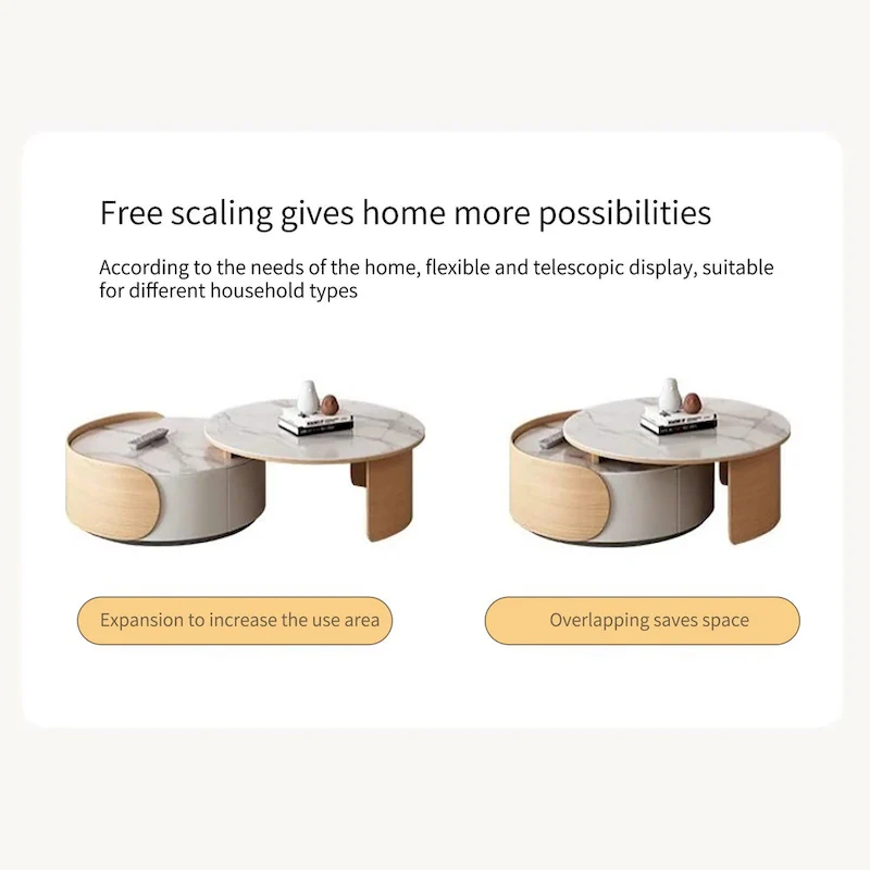 Modern Round Coffee table, Stone Table-top, Natural Wood - 50 x 31.5