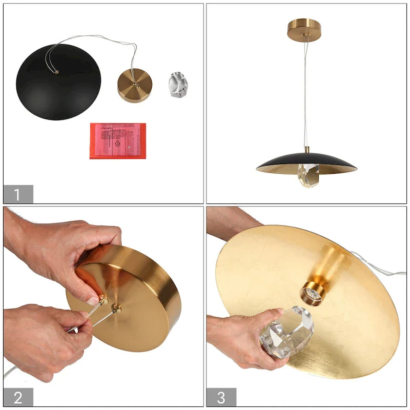 Modern LED 1-Light Crystal Pendant Light Black Gold Metal Dome Island Lights - Dia. 13.8  x H 6.3