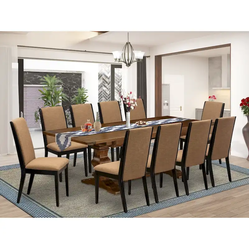 East West Furniture 11 Piece Dining Table Set- a Wooden Table and 10 Linen Fabric Upholstered Chairs(Finish Options)