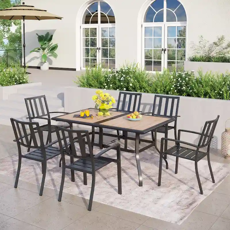 MAISON ARTS Faux Wood/ Steel 7-piece Patio Dining Set with 6 Stackable Chairs